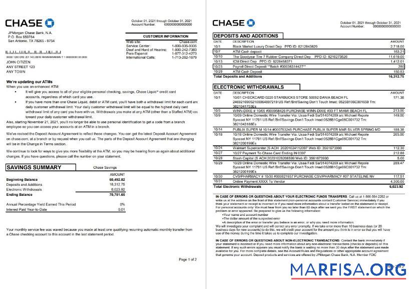 Blank USA JPMorgan Chase bank statement 2 pages word example
